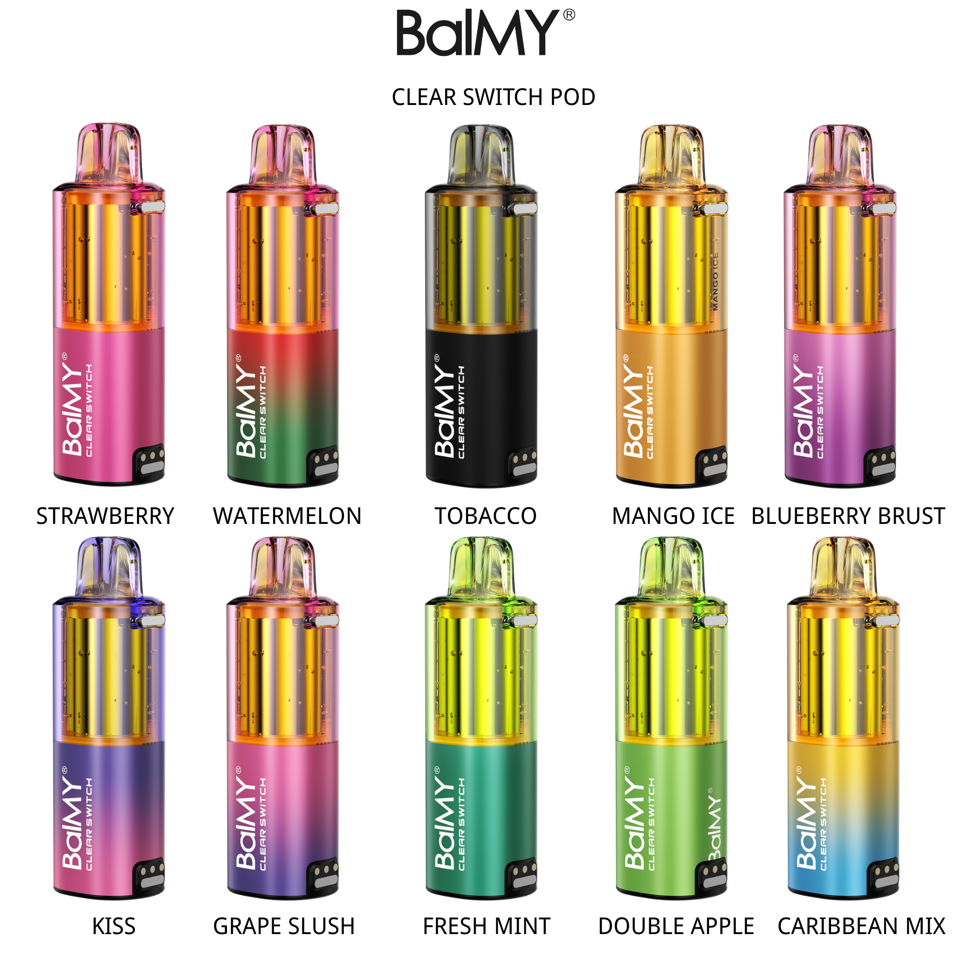 BalMY Clear Switch Pod system Kit 15ml prefilled cartridge visible juice