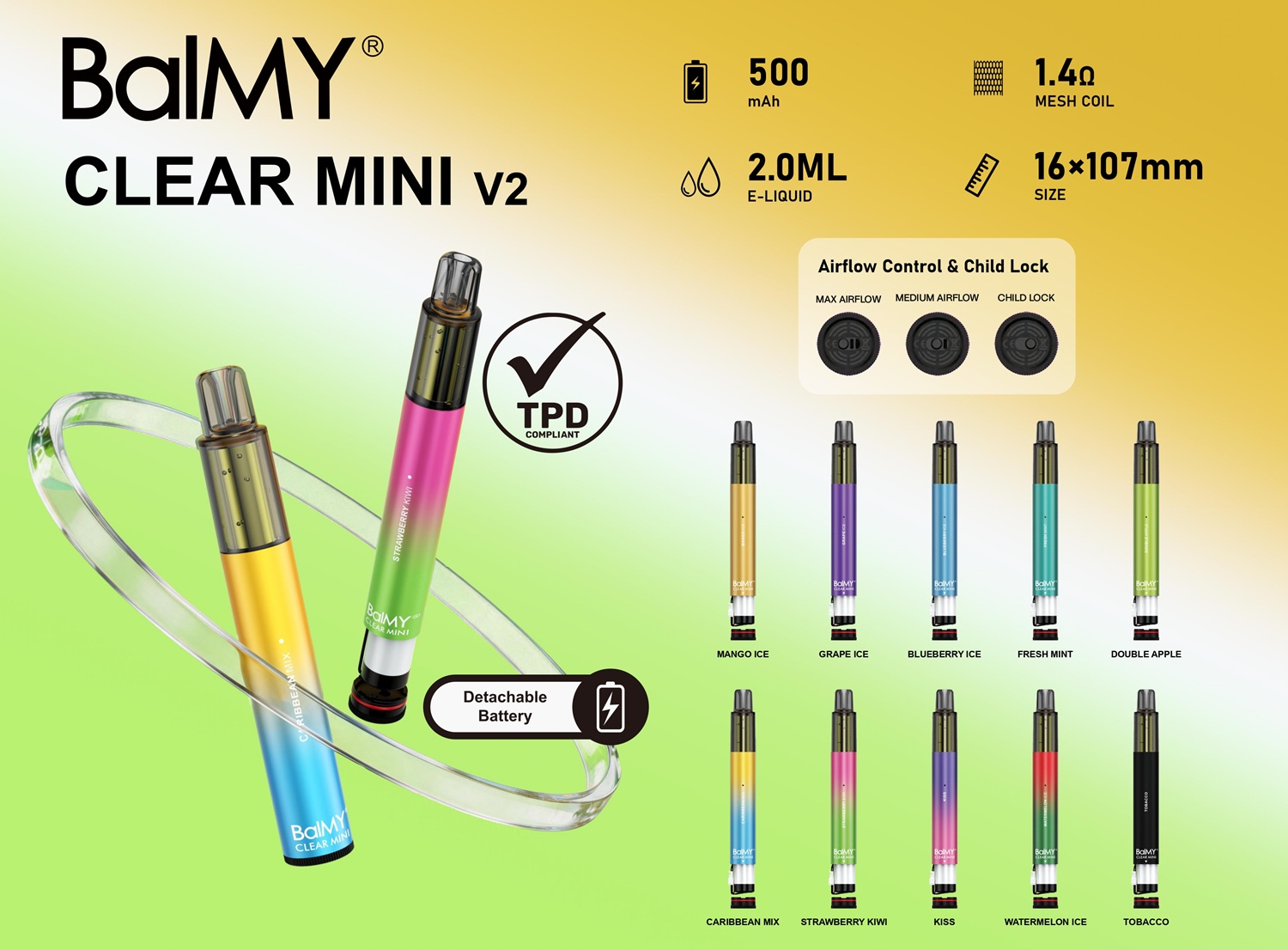 Detachable Disposable Vape Kits 500 Mah Battery Airflow Control Balmy Clear Mini v2
